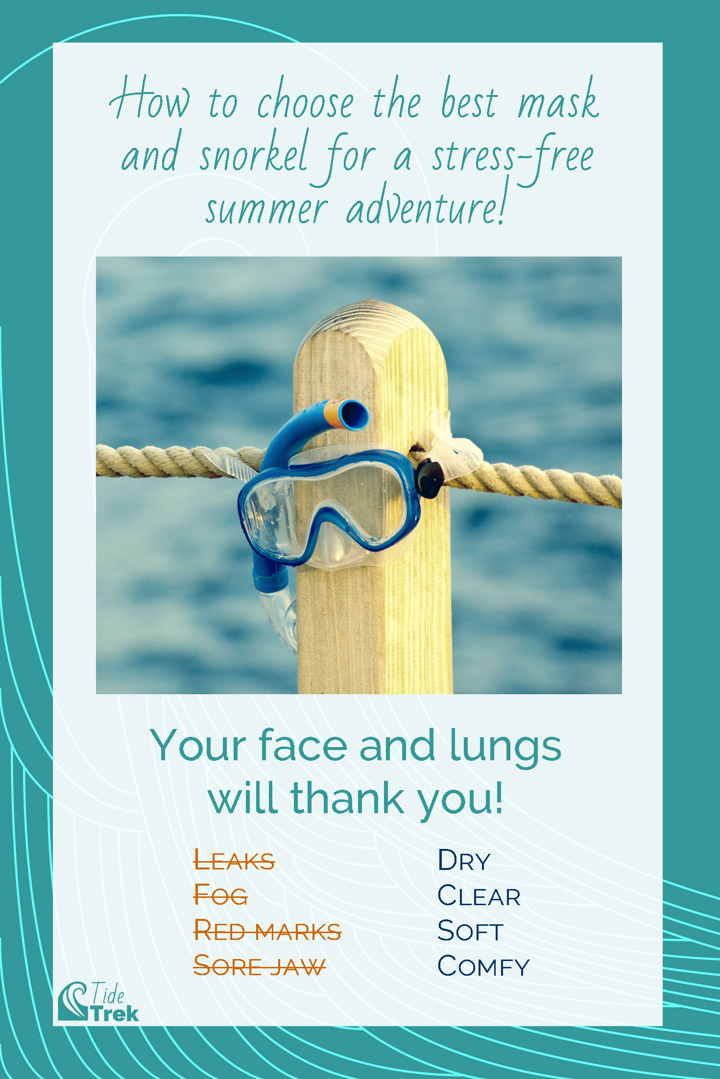 Photo of a mask and snorkel hanging off a wooden post with text overlay saying how to choose the best mask and snorkel
