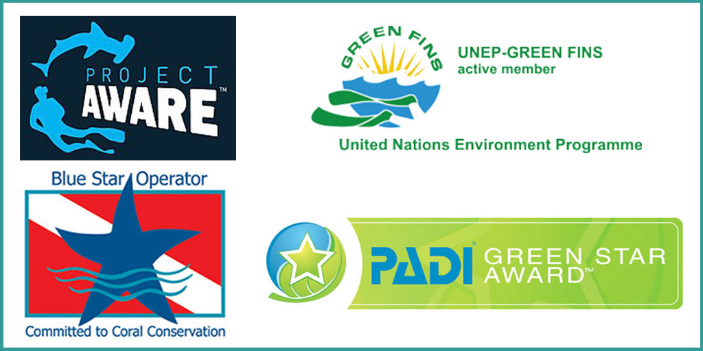 Collage of logos for Padi Project Aware, Green Fins, Padi Green Star, and Noaa Blue Star.