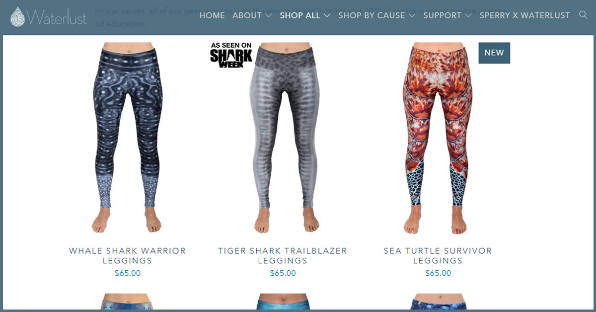 Screenshot of Waterlust brand leggings with sea life inspired patterns
