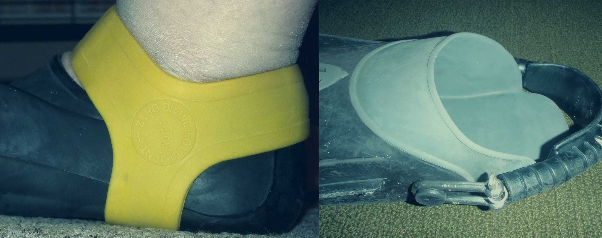 A full-foot fin worn barefoot with a fin grip for extra security. Right: An open-heel fin with a spring strap.