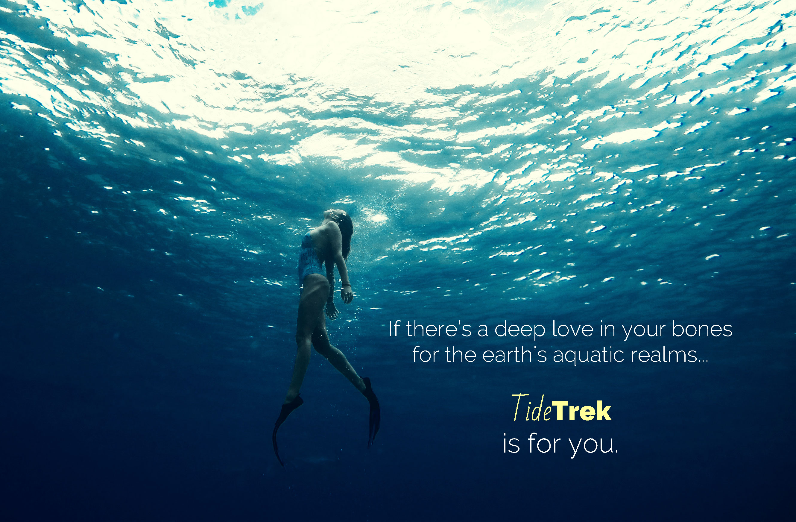 Photo of a woman underwater freediving towards the surface with overlaid text, "If there's a deep love in your bones for the earth's aquatic realms, Tide Trek is for you."